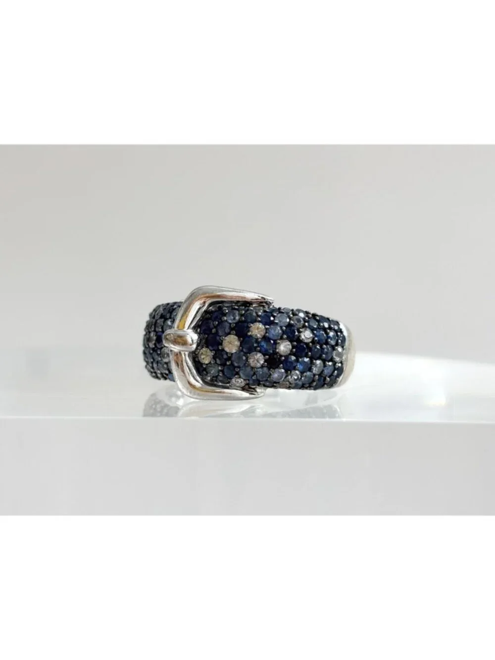 Belt Buckle Multi Shade Blue Topaz Cluster Sterling Silver 925 Vintage Ring sz 9
